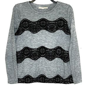 Ann Taylor Loft Medium Petite Gray With Black Embroidered Long Sleeve Blouse
